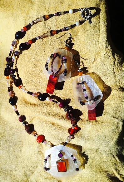 'Goddess Sky' - Earring & Necklace set - semi-precious gems and stones, sterling silver w/ glass, wood beads, Hawaiian shell and faceted crystal
