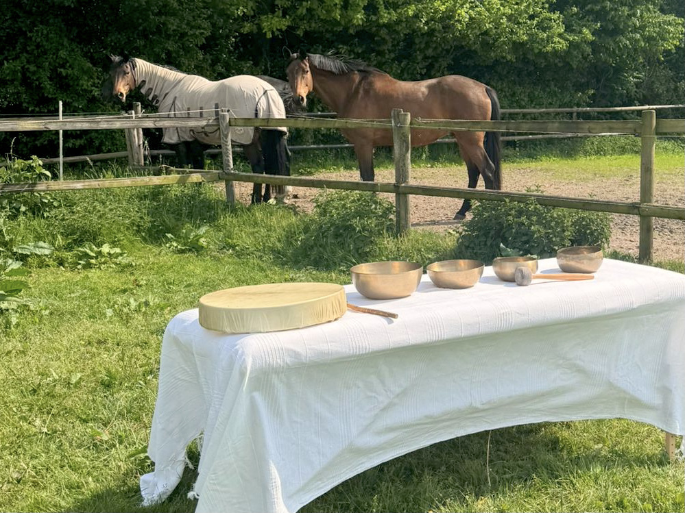 Klangmassage mit Klangschalen auf der Wiese bei den Pferden auf dem Hof Landleben Buchholz