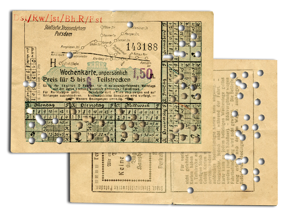 Provisorische Wochenkarte für 5-6 Teilstrecken (blaue Karte) ergänzt um Strecke nach Rehbrücke, um 1934. 