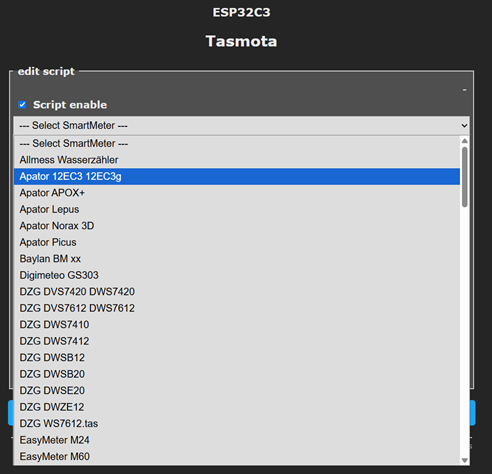 Tasmota Stromzähler Scripte via DropDown