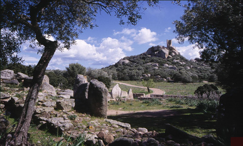 Tombe dei Giganti con il Castello di Pedres sullo sfondo