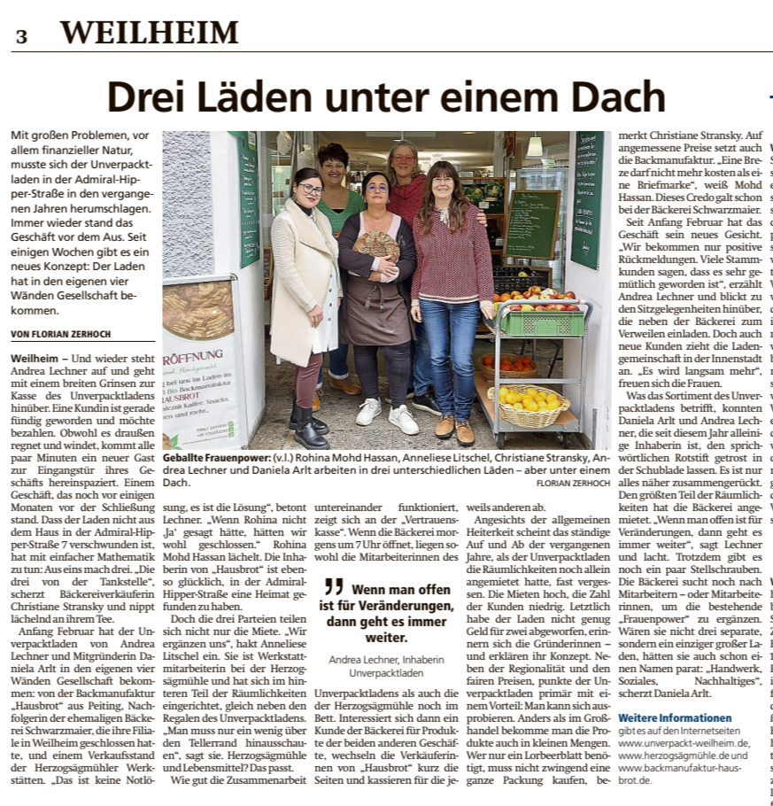 Zeitungsbericht: Drei Läden unter einem Dach 