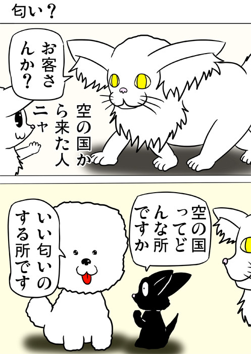 ビションフリーゼの故郷について尋ねる黒猫　ふわもふ猫の日常四コマweb漫画249話1p