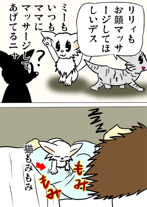 飼い主をもみもみマッサージするマンチカン猫　ねこ四コマ漫画