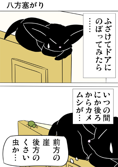 ドアにのぼってカメムシに追い込まれる黒猫　ふわもふ猫の日常四コマweb漫画292話1p