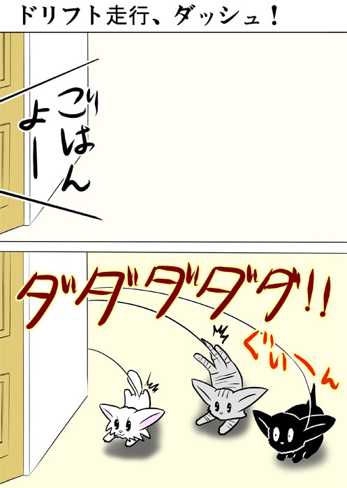 ドリフト走行する子猫達　ふわもふ猫の日常四コマweb漫画344話1p