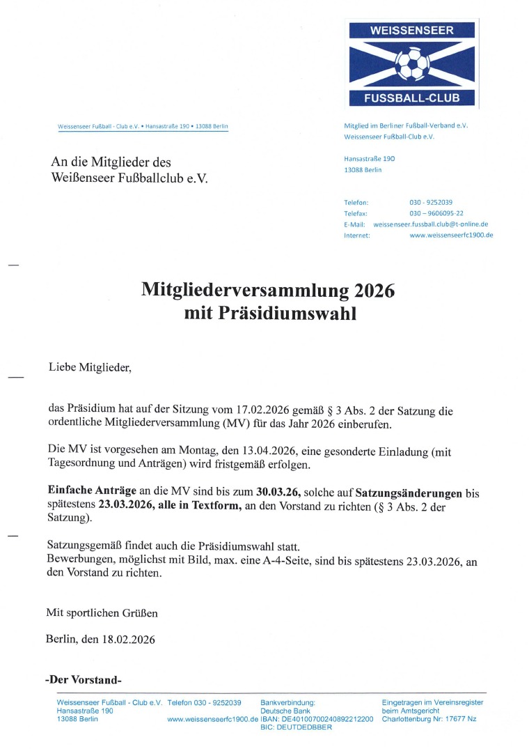 Mitgliederversammlung 2026 terminiert