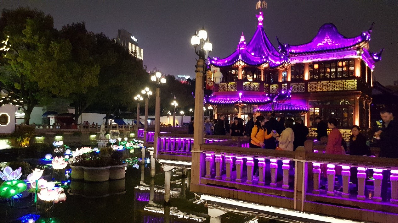 Yu Garden Huxin-Pavillion at night with lighting