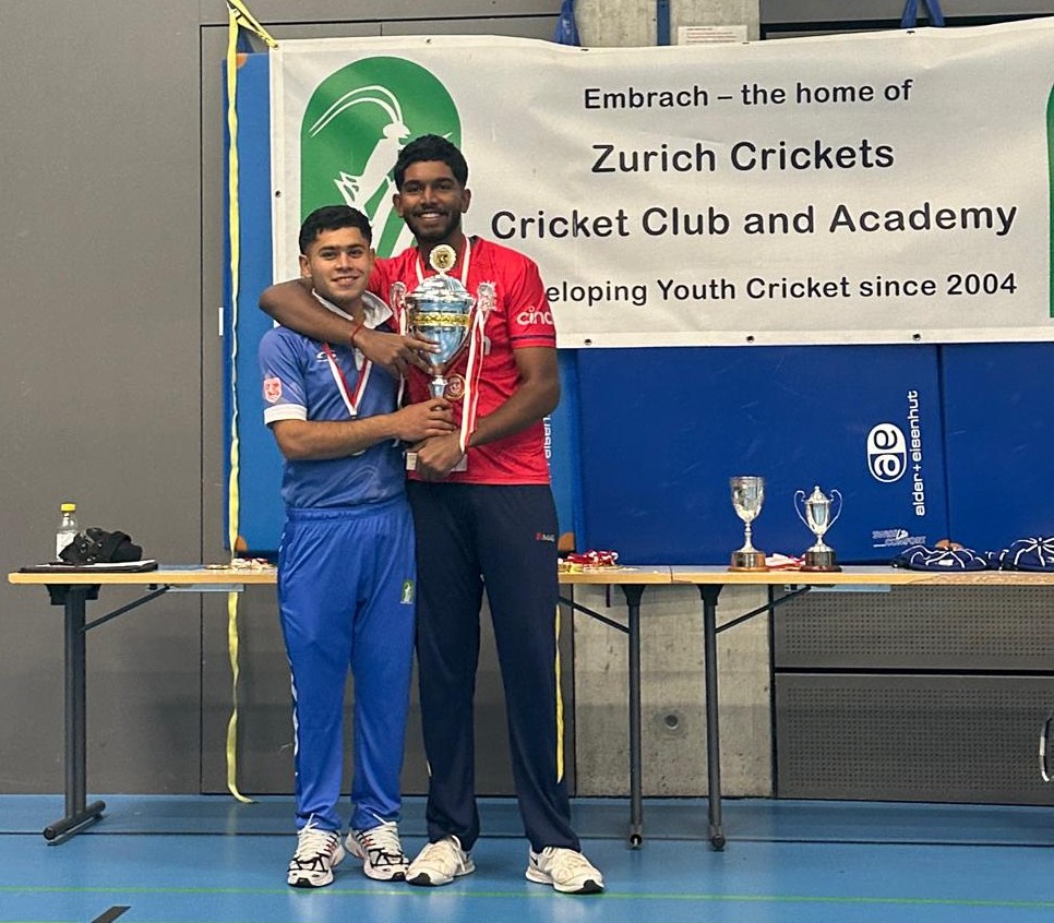 Wali and Dirushaan receive the trophy and medals on behalf of the U19 winning team in 2024.