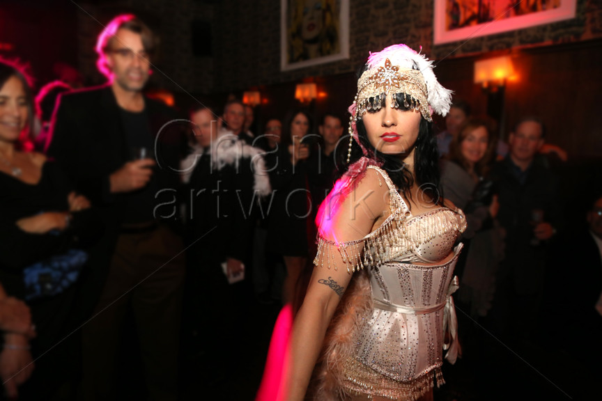 Burlesque performer at holiday party.