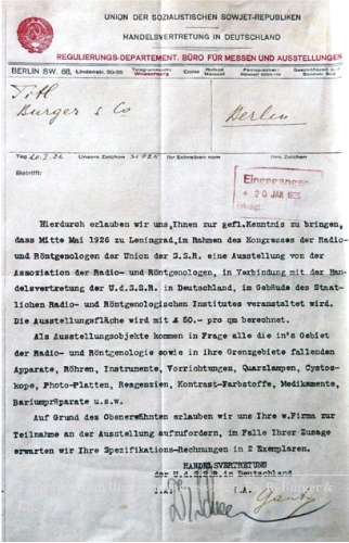 Reinhold Burger; Handelsvertretung der U.d.S.S.R. von 1925, Einladung Röntgenkongress Leningrad
