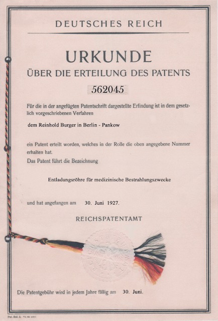 Patenturkunde zur Kalten Rotlicht Bestrahlungsröhre von Reinhold Burger (Nachbildung)