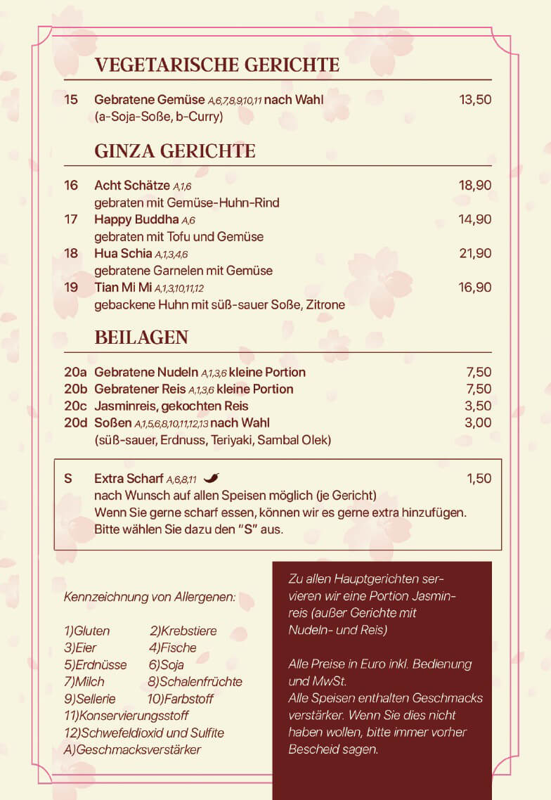 Speisekarte Take-Away für Vegetarier