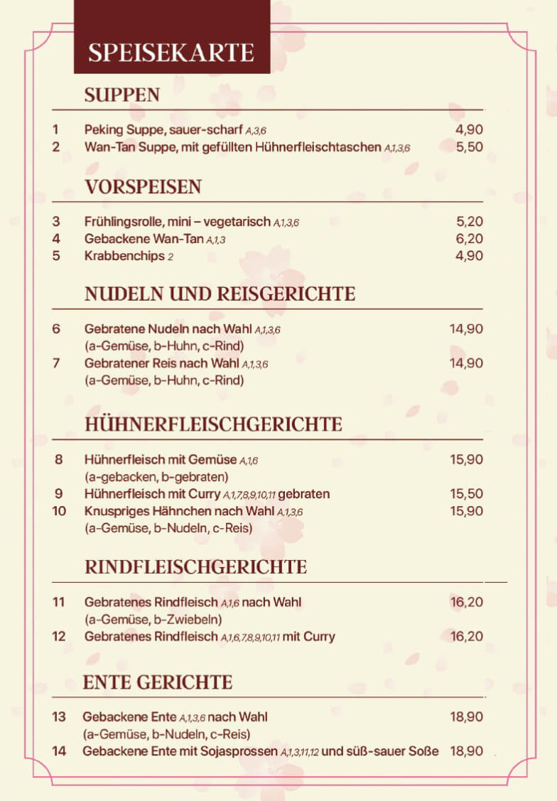 Speisekarte Vorspeisen und Fleischgerichte