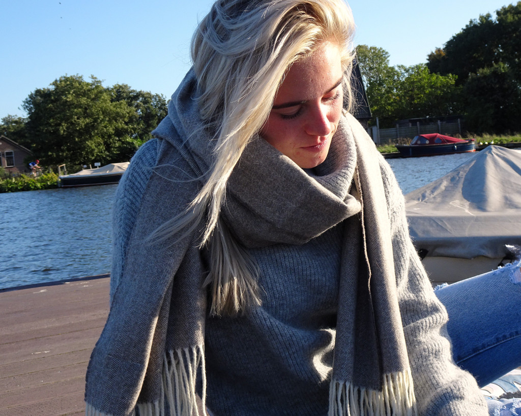Medium merino wool shawl herringbone Taupe styled with outfit