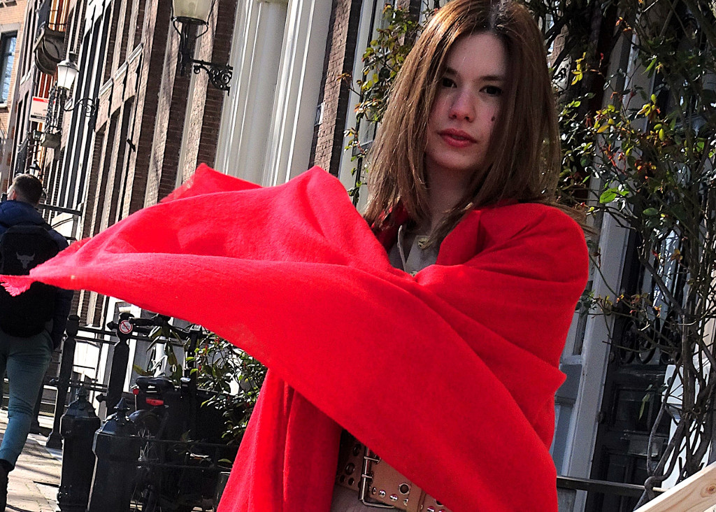 Cashmere shawl red woman styled full view.