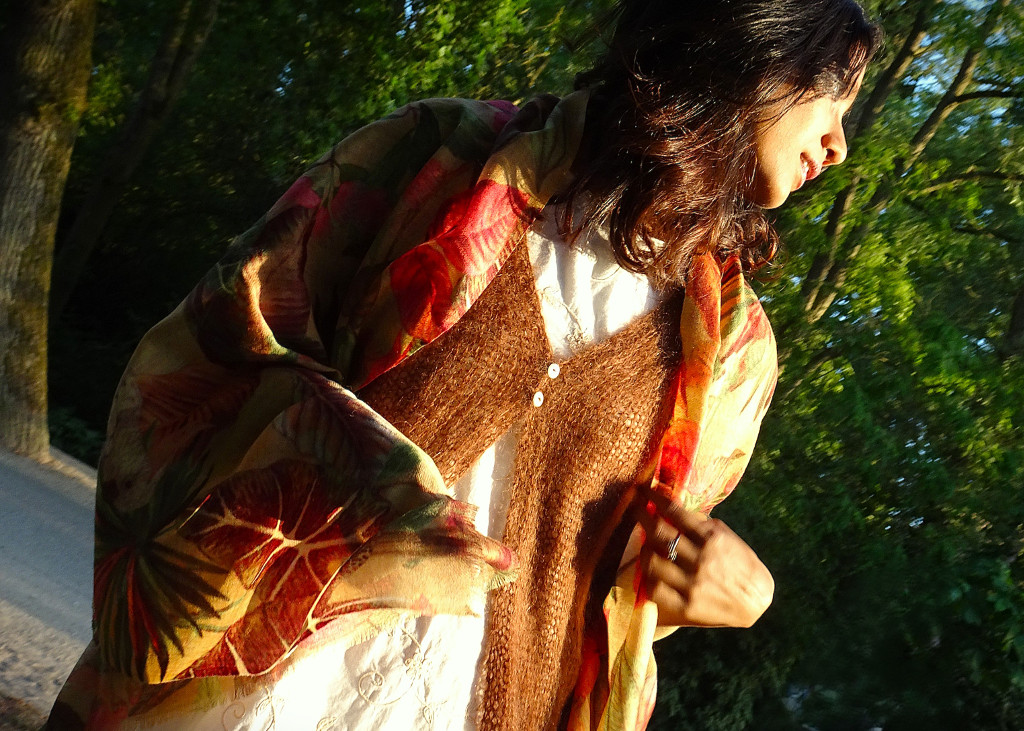 Lightweight wool shawl nature motif woman outfit.