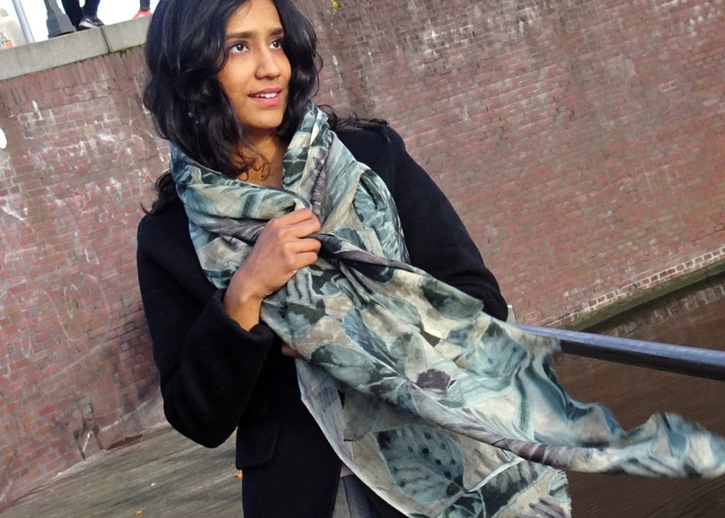 Lightweight wool shawl nature motif woman styled.