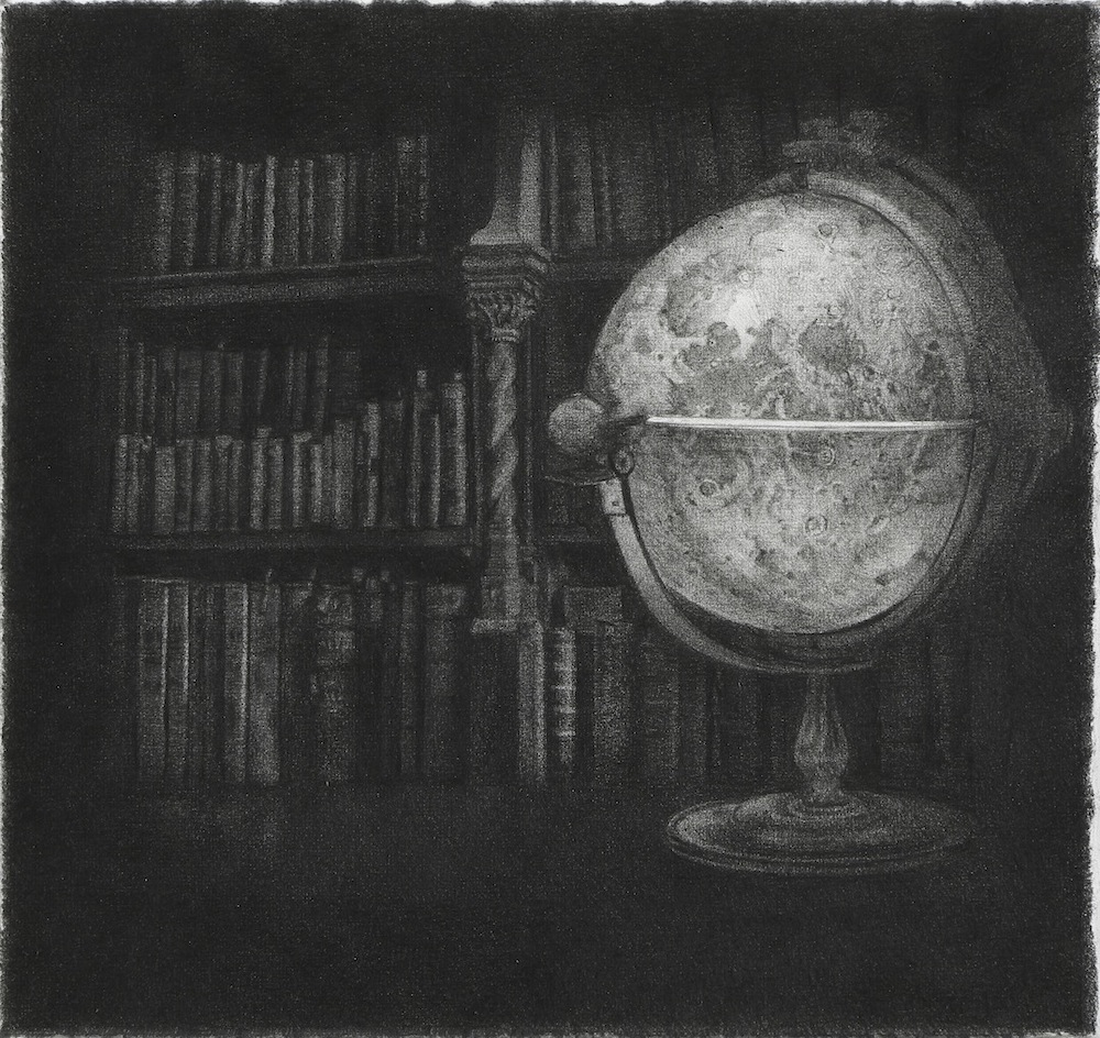Yuriko Terazaki, Moon Globe, 2016, black color pencil and carbon pencil on paper, 17.8 x 19 cm