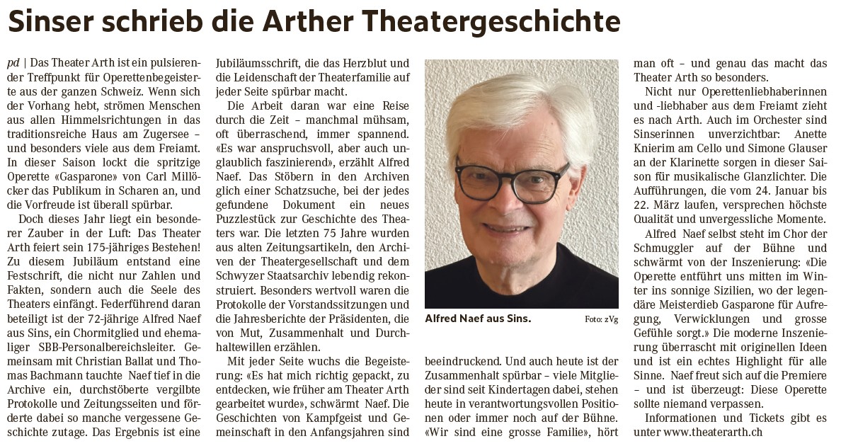 175 Jahre Jubiläum: Sinser schrieb die Arther Theatergeschichte