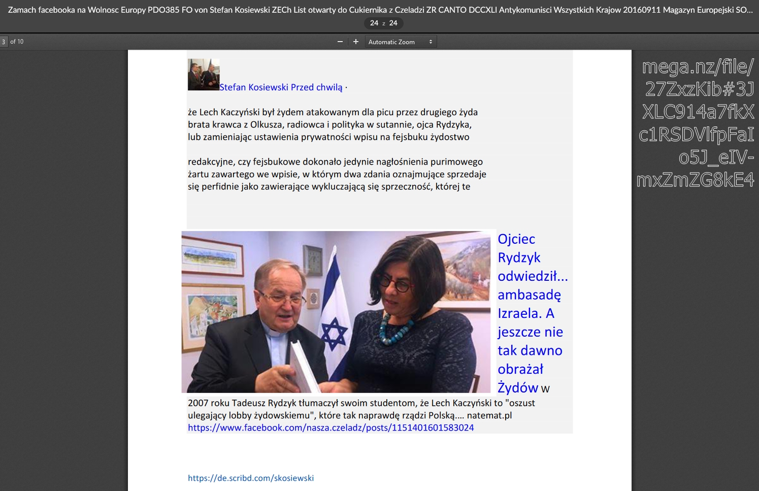 Zamach facebooka na wolnosc Europy PDO385 FO von Stefan Kosiewski ZECh List otwarty do Cukiernika z Czeladzi ZR ORIENTALIUM ECCLESIARUM JUDEORUM CANTO DCCXLI