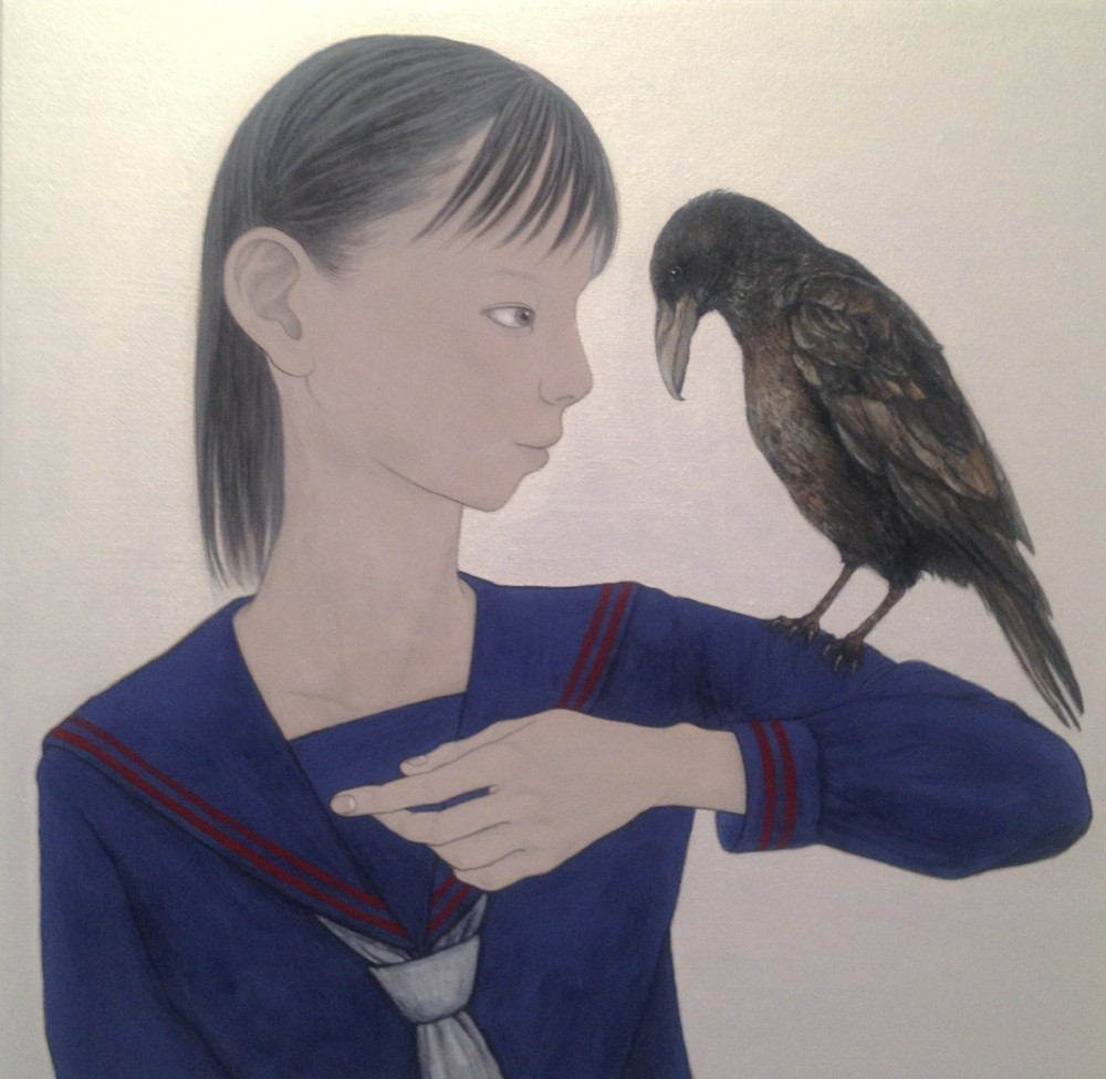 日本の可愛い鳥の子たち(crow) 30.0×30.0cm （和紙・膠・岩絵の具・水干・墨）  