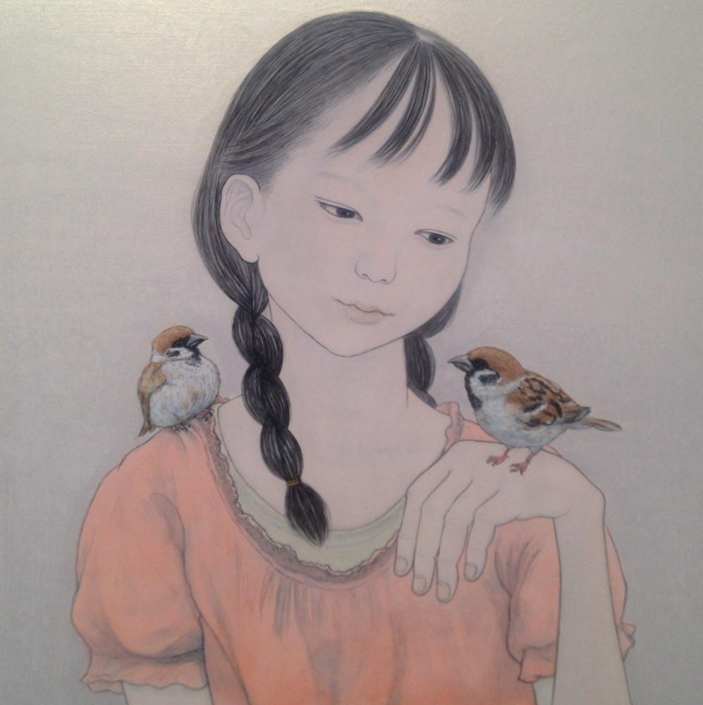日本の可愛い鳥の子たち（sparrow    )    30.0×30.0cm           （和紙・膠・岩絵の具・水干・墨）       