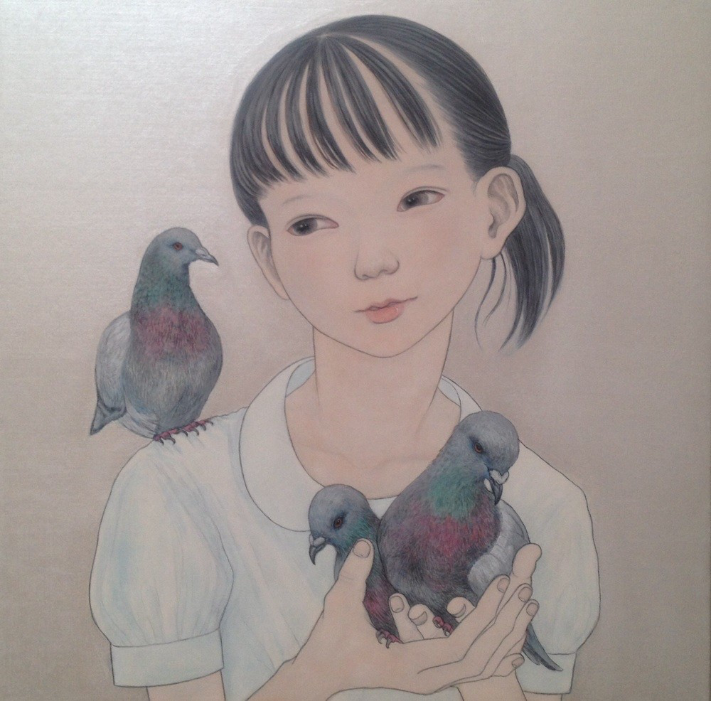 日本の可愛い鳥の子たち    (dove)         30.0×30.0cm   （和紙・膠・岩絵の具・水干・墨）
