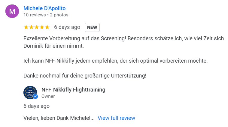 Top Google Bewertung für NFF-Nikkifly Flighttraining