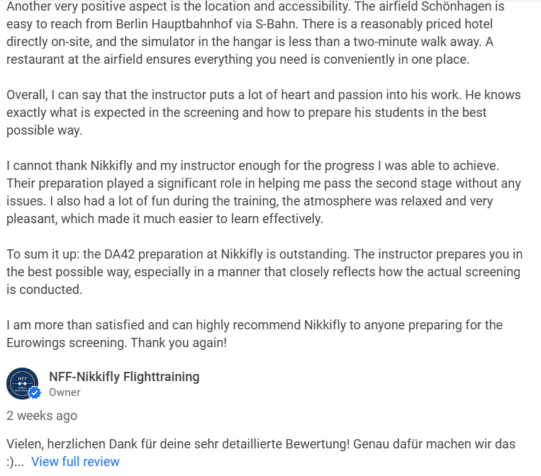 Excellent google review for NFF- Nikkifly Flighttraining