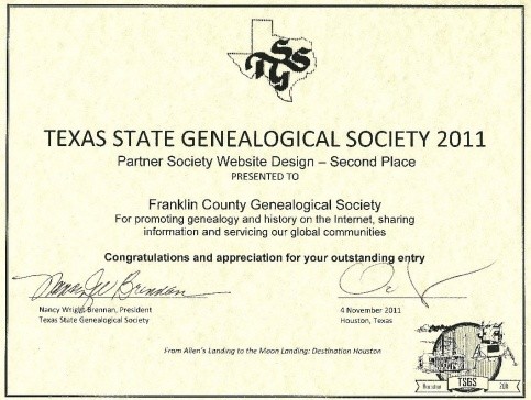 Second Place Partner Society Website Award, 2011, presented at the Texas State Genealogical Society Annual Conference, 4 November 2011