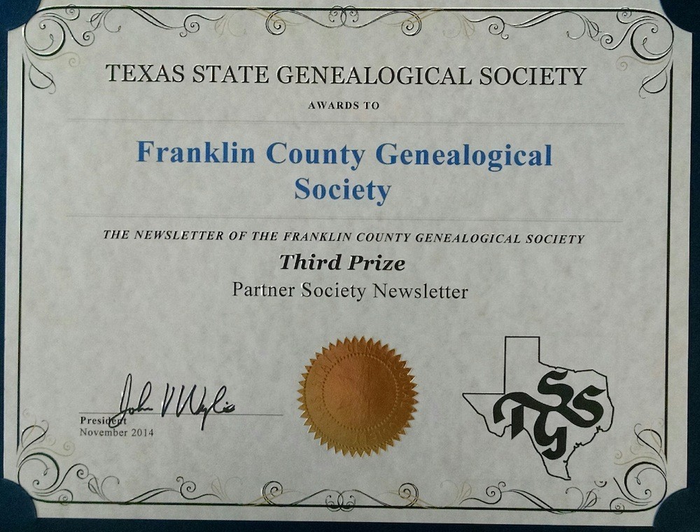 Third Place Society Partner Society Newsletter Award, from Texas State Genealogical Society, 2014