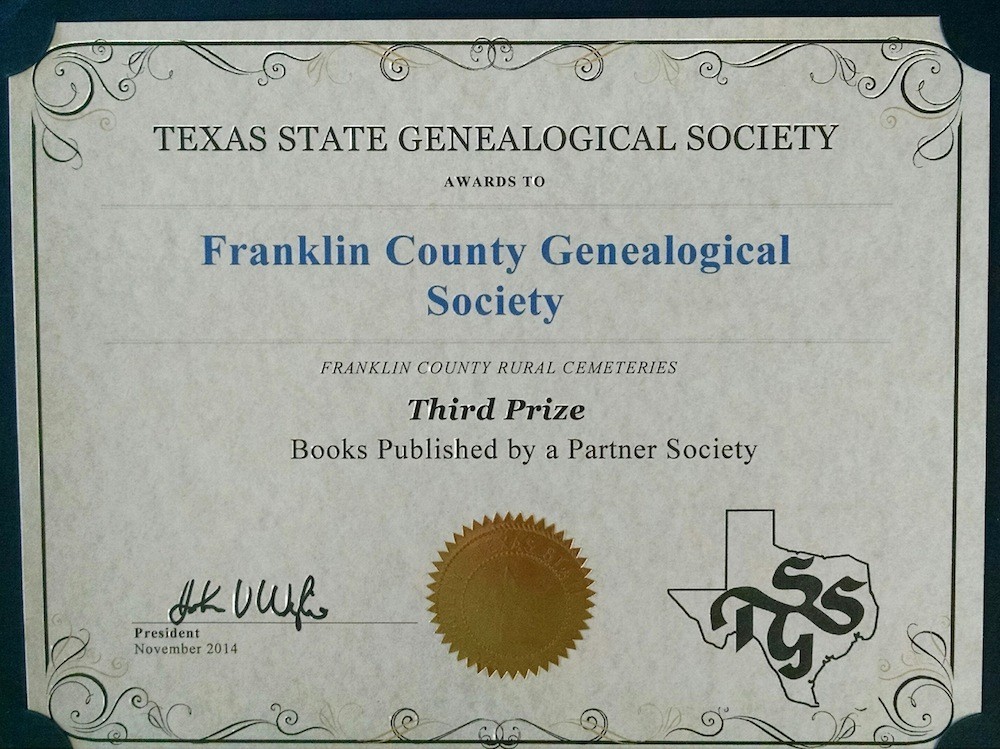 Third Place Partner Society Book Award, from Texas State Genealogical Society, 2014