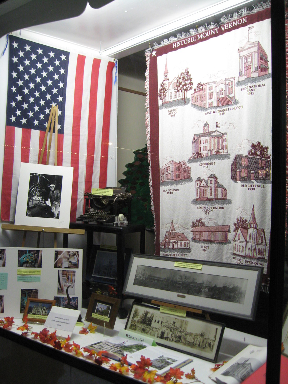 Fall 2014 display by Sue Bolin for the “Restoration of the FC Courthouse” event. FCGS has the historical afghan for sale for $50. (Photo courtesy of Sue Bolin.)