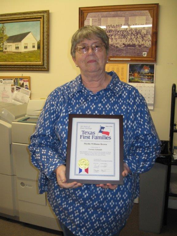 Phyllis K. Brown shows her Texas First Families certificate 2016