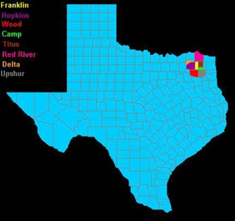 Map of Texas counties, highlighting neighboring counties of Franklin County (highlighted in yellow)