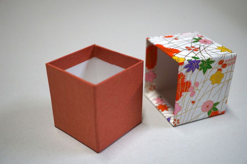 千代紙と民芸紙を使って別注で作製したかぶせ型の小さな貼り箱