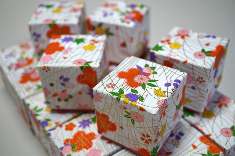 千代紙と民芸紙を使って別注で作製したかぶせ型の小さな貼り箱