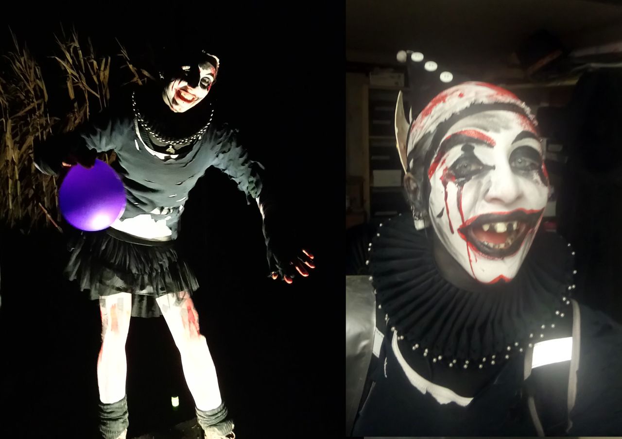 Erschrecker Walking Akt als Horror Clown oder Harlequin bei Kiel