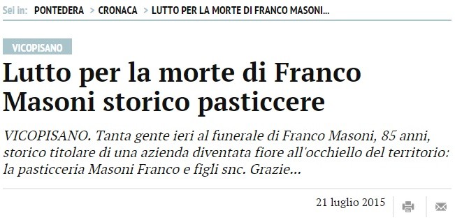 Pasticceria Masoni Vicopisano lutto Franco Masoni 19 luglio 2015