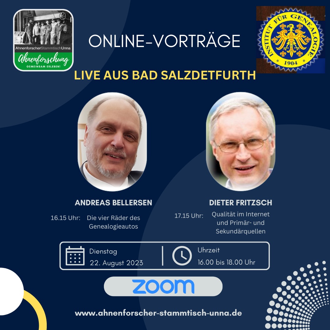 Zwei Online-Vorträge live vom Seminar "Qualifizierter Genealoge" in Bad Salzdetfurth am 22.08.2023