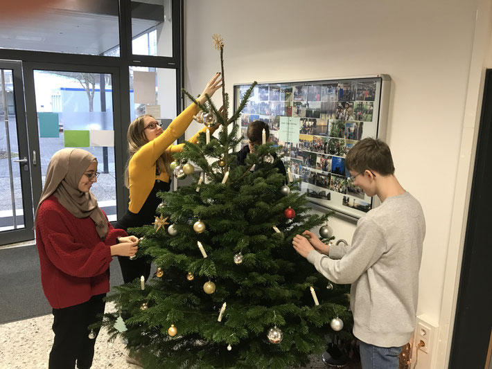 Schon ein Ritual in der Adventszeit ... Schüler unserer Schüler schmücken den Weihnachtsbaum im Flur der Verwaltung. Diesmal dürfen wir uns bei Amine, Nathalie, Till und Yannik bedanken.