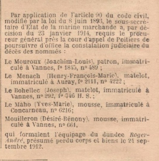 Extrait du Journal Officiel de la République Française du 13/02/1914