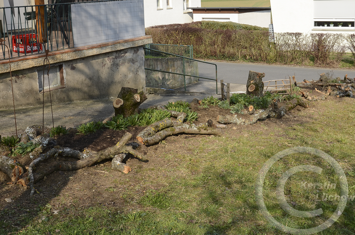 Dicke Laubhloz-Baumstämme fassten das halbschattige Beet ein. Anschließend wurde es mit eigenem Gartenaushub aufgefüllt. 