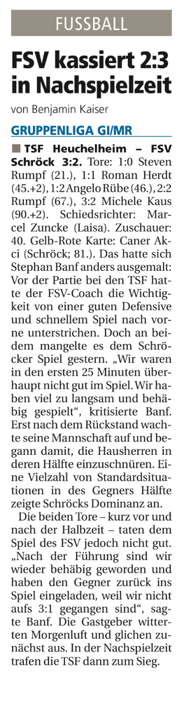 Die Torschützen bei unserem FSV waren Marcel Schmitt und Dominik Pfeil.