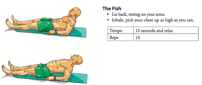 illustration of paul chek performing the fish with some written instructions on how to perform the fish at the side