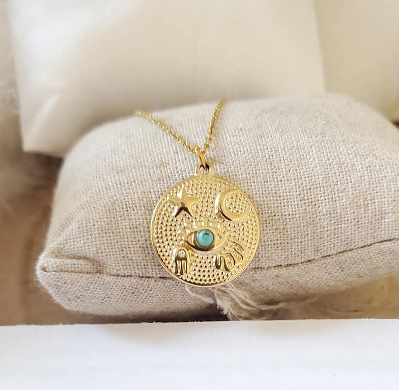 Collier acier inoxydable oeil bleu porte bonheur femme