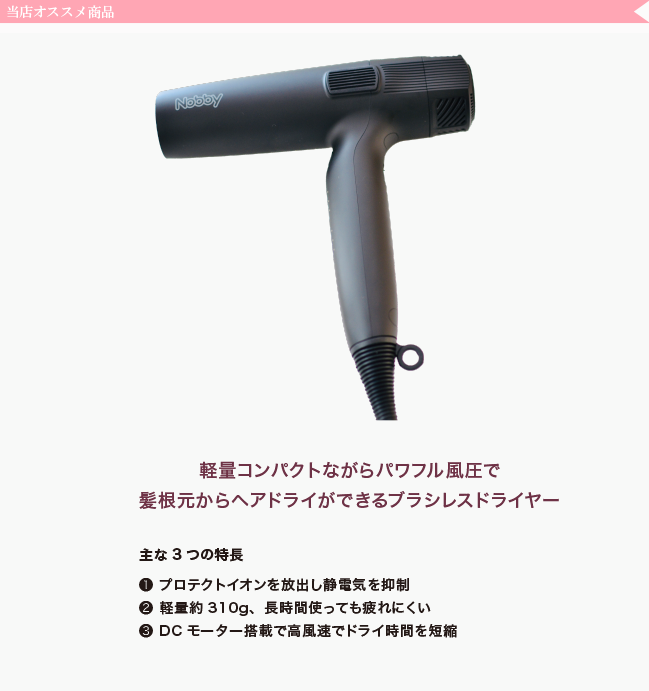 〈当店オススメ商品〉 軽量コンパクトながらパワフル風圧で髪根元からヘアドライができるブラシレスドライヤー 主な3つの特長 1.プロテクトイオンを放出し静電気を抑制 2.軽量約310g、長時間使っても疲れにくい 3.DCモーター搭載で高風速でドライ時間を短縮