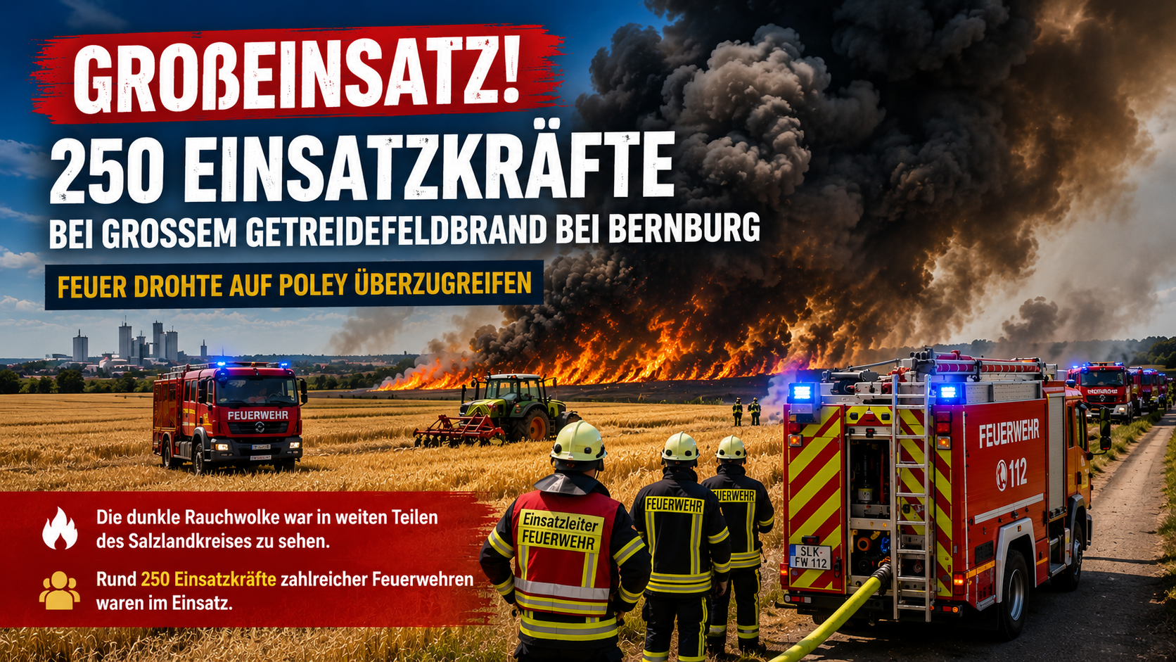 Großeinsatz bei Bernburg: 250 Einsatzkräfte kämpfen gegen Getreidefeldbrand