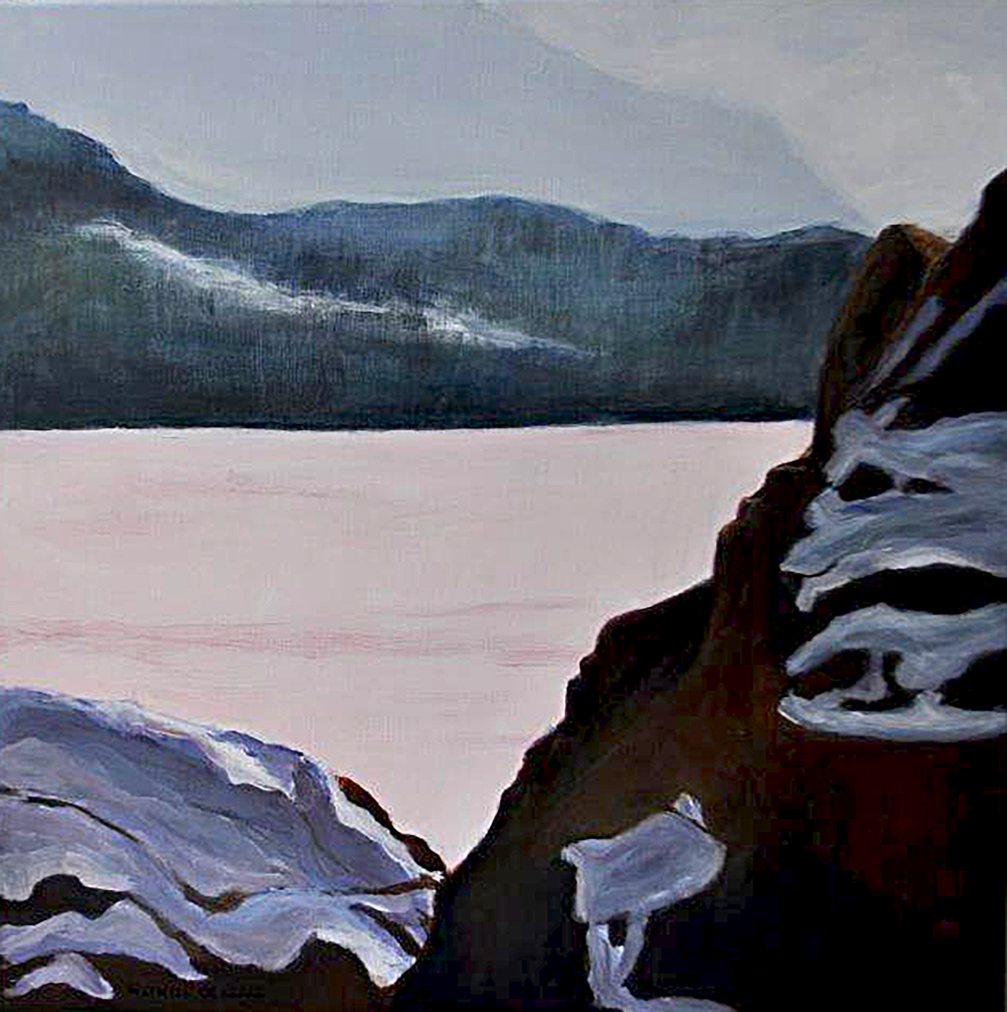 Letzte Schnee am Altausseer See. Acryl auf Leinen, 2022. Format: 50 x 50 cm